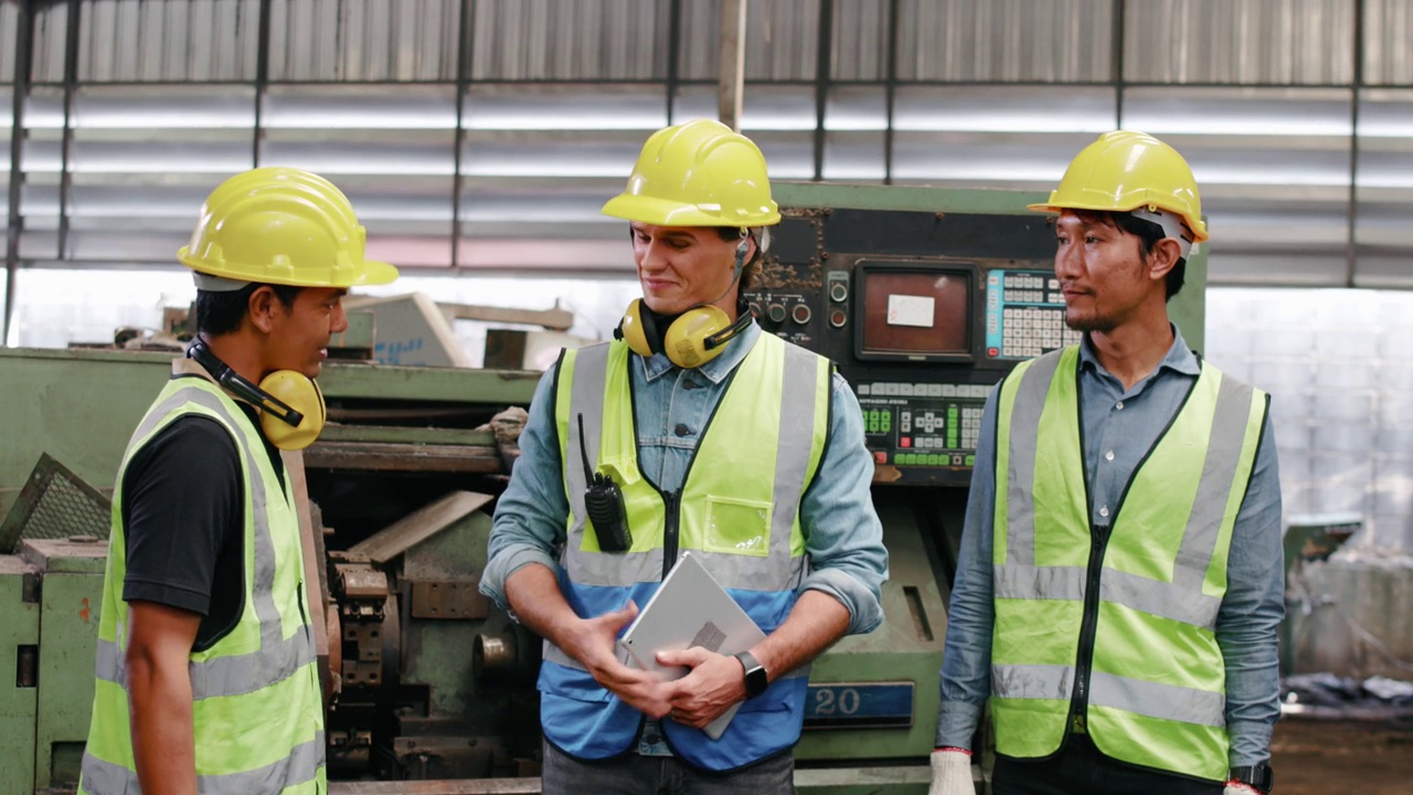三名男工程师在工厂里互相握手祝贺。视频素材