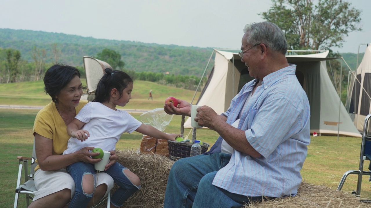 爷爷奶奶和孙女一起在营地露营。视频下载