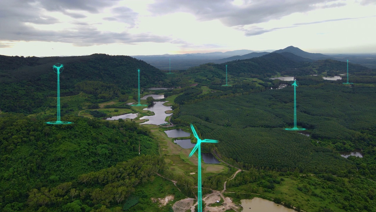 风力发电的鸟瞰图与绿色能源产生的运动图形概念。未来科技的数码效果。视频下载
