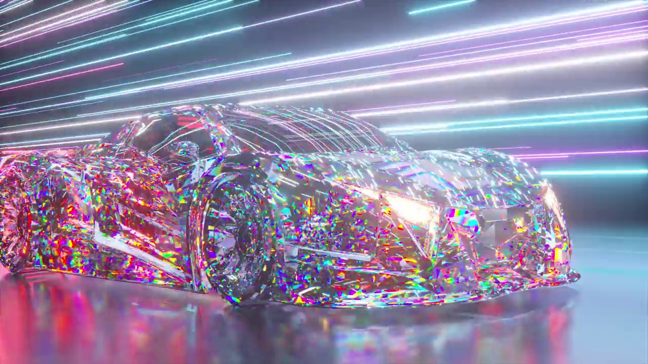 未来的概念。钻石跑车在发光的霓虹灯线的背景上。蓝色紫色。三维动画视频下载