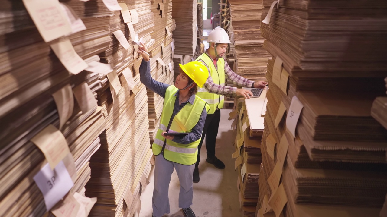 亚洲和拉丁纸包装制造工人在纸板堆中间，穿着安全背心和安全帽，用手提电脑和数码平板电脑做清单和盘点视频素材