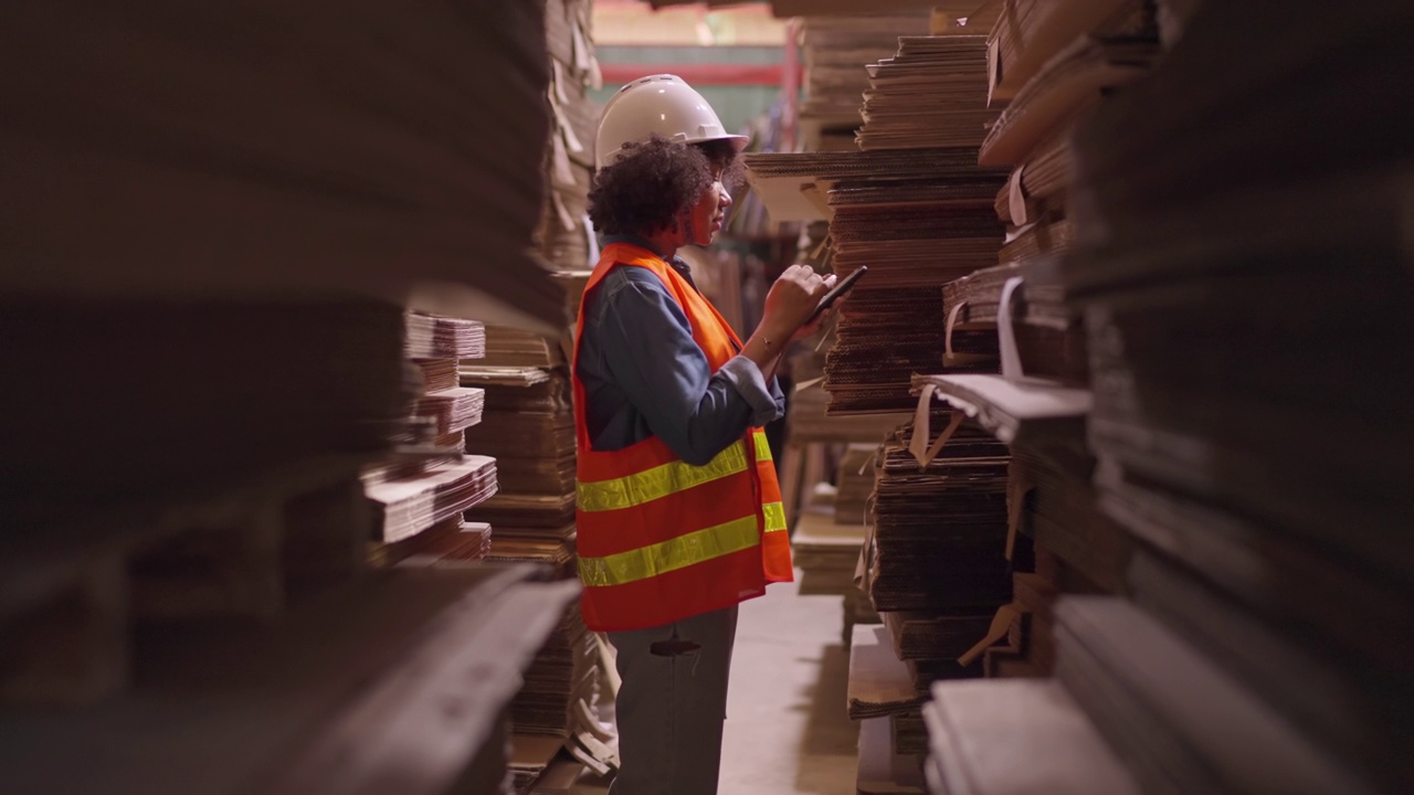 侧视图:非洲妇女纸包装生产工人用智能手机做清单和存货盘点，在纸板堆的中间，穿着安全背心和头盔视频素材