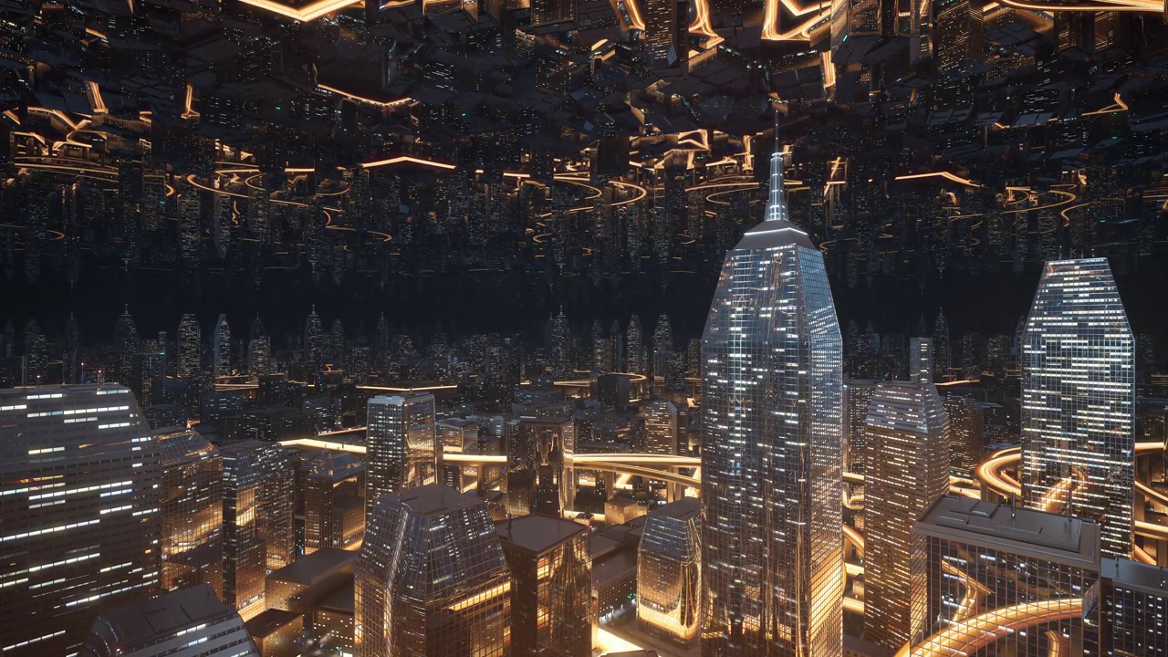 新兴城市景观-多元宇宙，想象，摩天大楼-夜晚视频下载