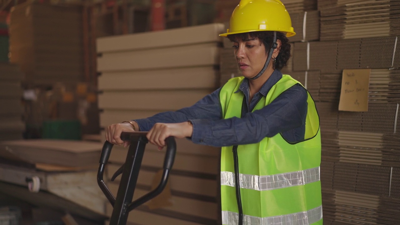 在造纸厂，拉丁妇女纸包装制造工人穿着安全背心和头盔，使用手动液压叉车移动纸板堆视频素材