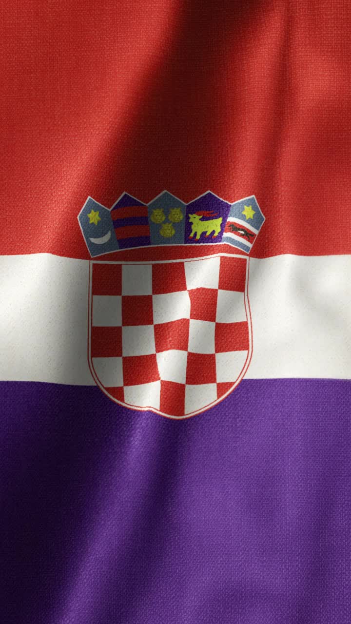垂直国旗克罗地亚动画库存视频-克罗地亚国旗在循环和纹理3d渲染背景-高度详细的织物图案和可循环-克罗地亚共和国视频下载