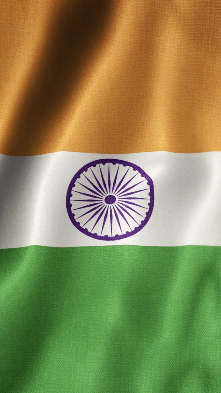 垂直国旗的印度动画股票视频-印度国旗在循环和纹理3d渲染背景-高度详细的织物图案和可循环的印度共和国国旗视频下载