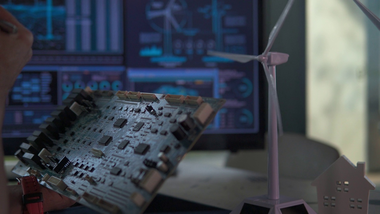 发明家与全息增强现实3D风力涡轮机模型，技术和环境的概念视频下载