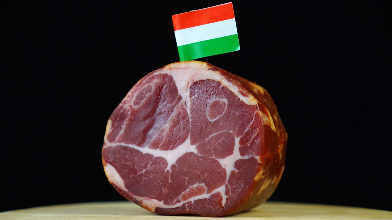 美味的熏里脊肉配匈牙利小旗，黑色背景上的一块肉旋转着。视频下载