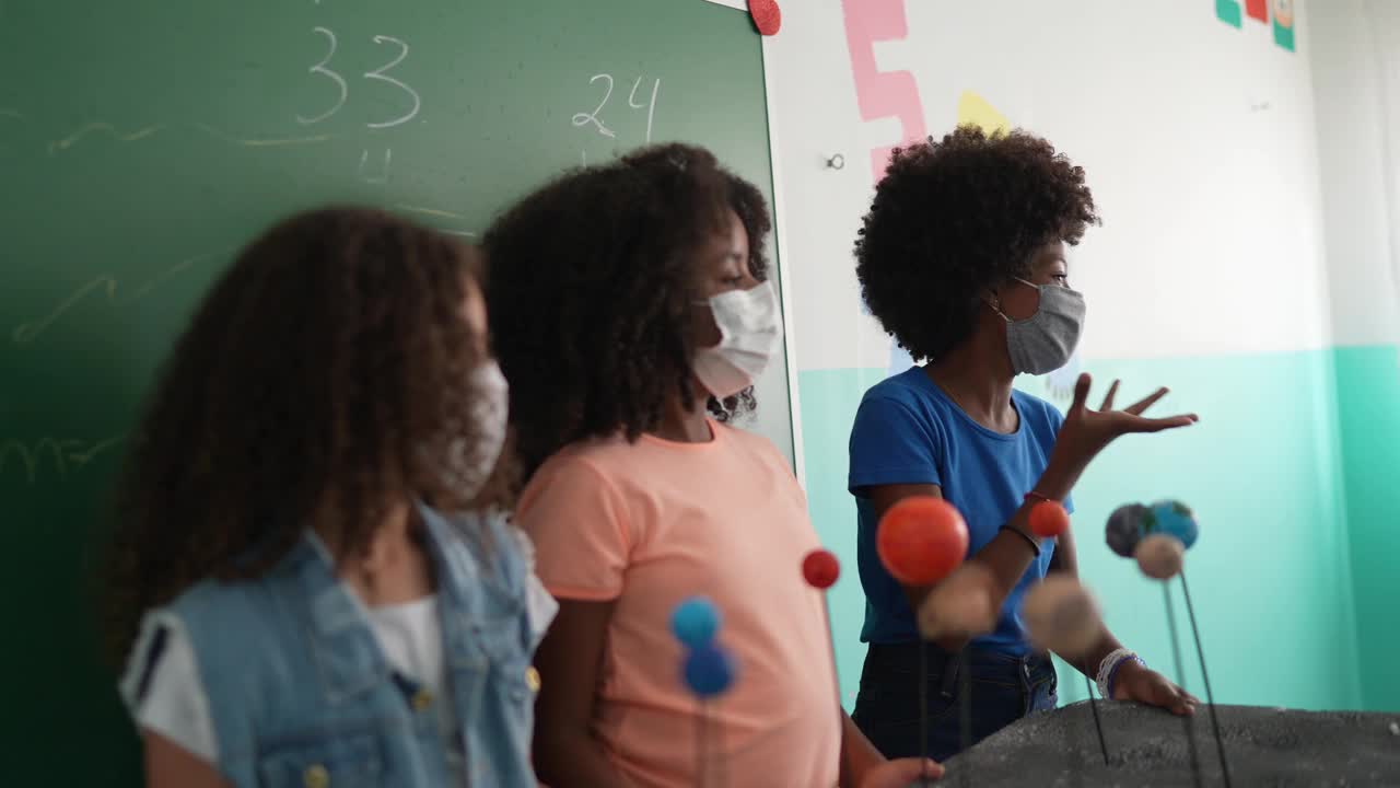 女孩们在教室里用口罩做关于太阳系的演讲视频下载