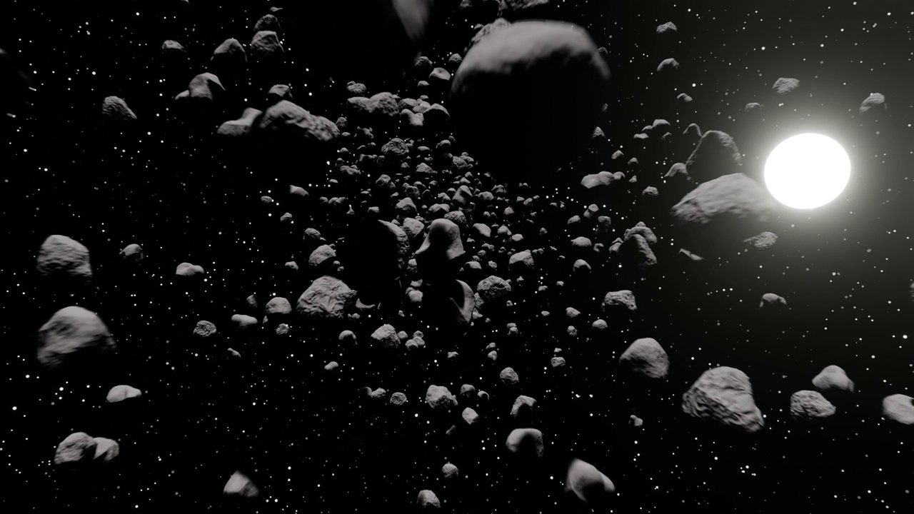 一个三维动画飞行通过一个小行星领域。视频下载