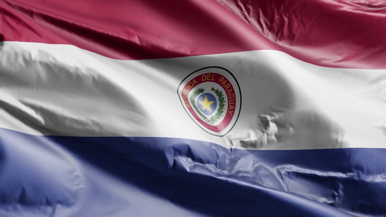 巴拉圭国旗在风环上飘扬。巴拉圭旗帜在微风中摇曳。完全填充背景。10秒循环。视频下载