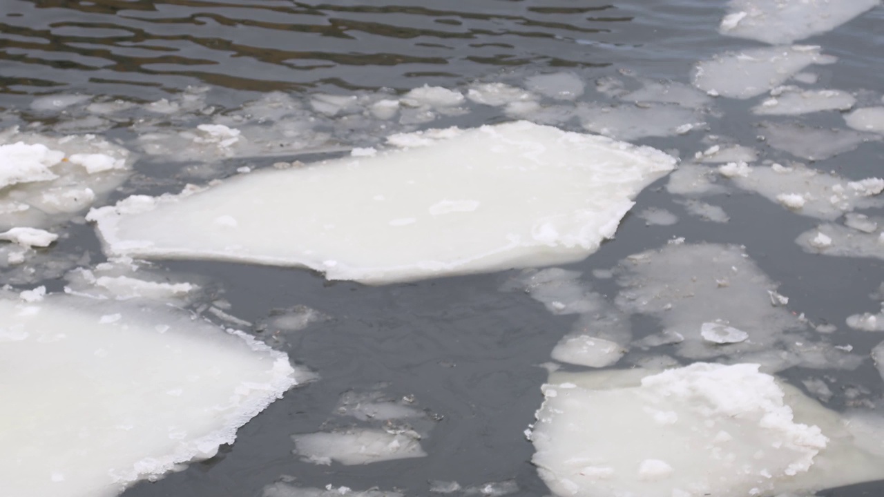 18、河面浮冰，水库春水涨视频下载
