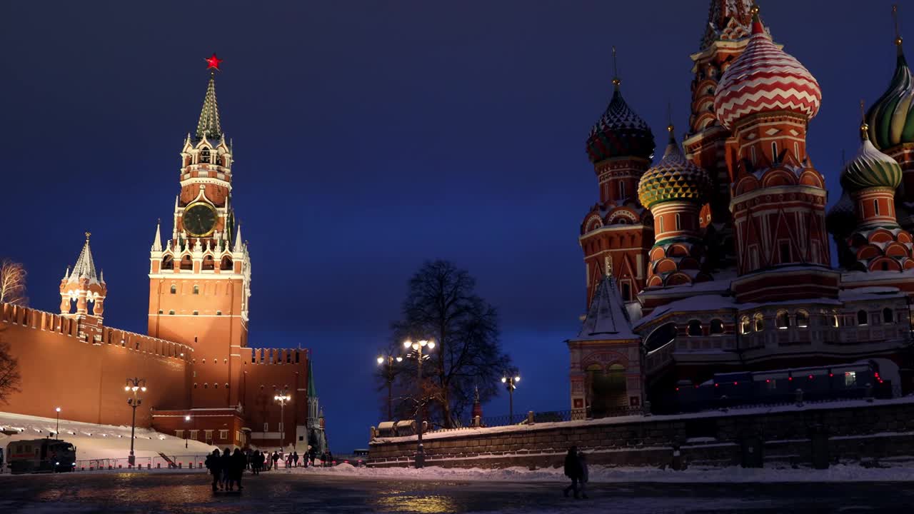 莫斯科克里姆林宫和圣巴兹尔大教堂，从Vasilievsky血统视频下载