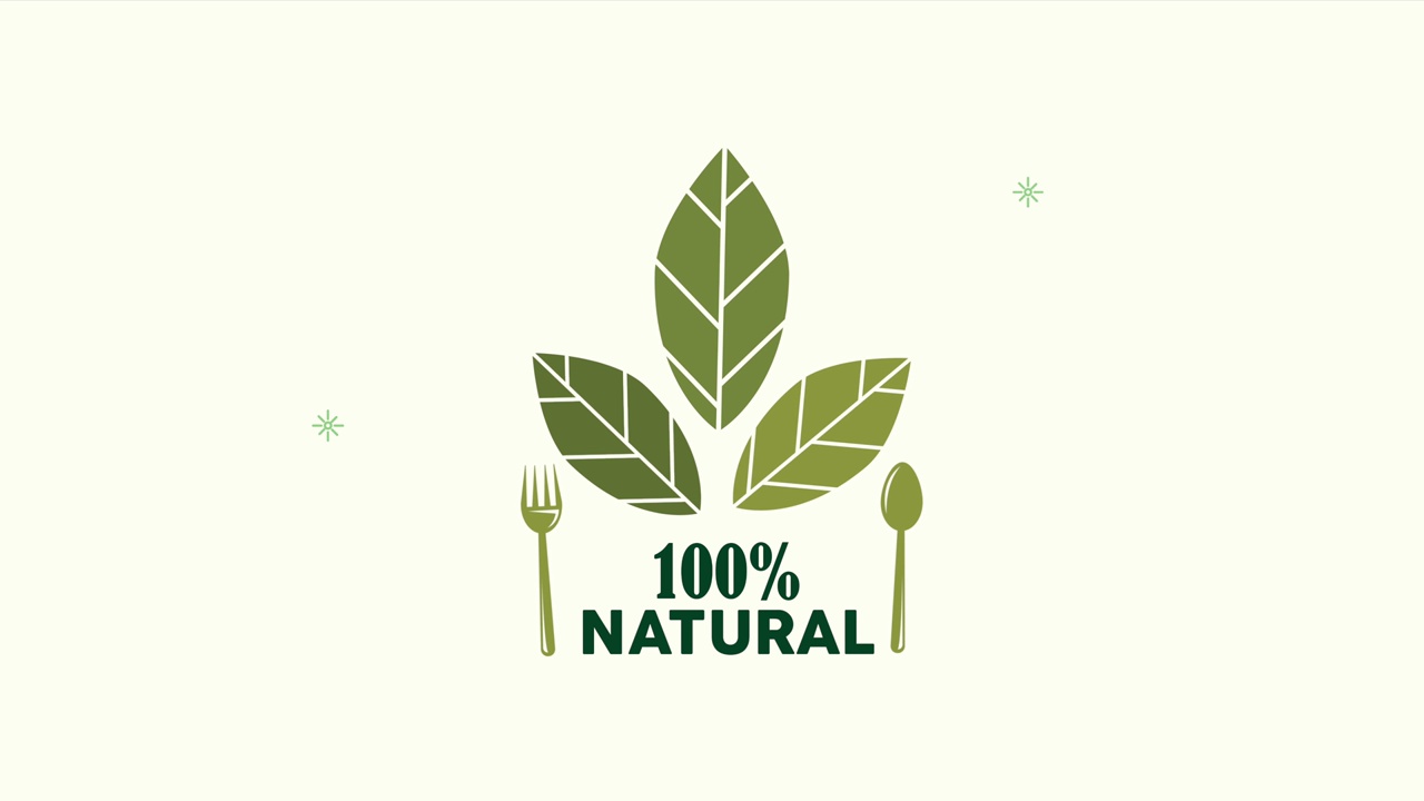 100%天然的标志与树叶和餐具视频下载