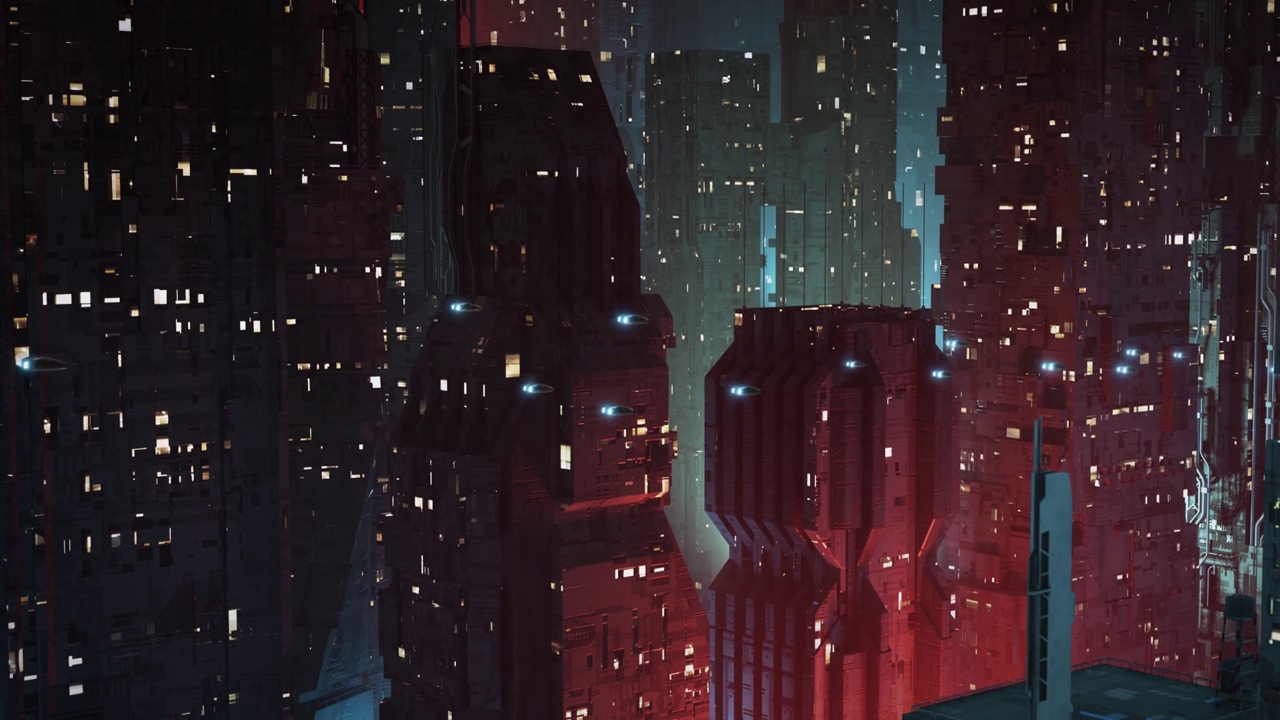 未来主义，反乌托邦科幻城市在夜间建立射击-倾斜下来视频下载