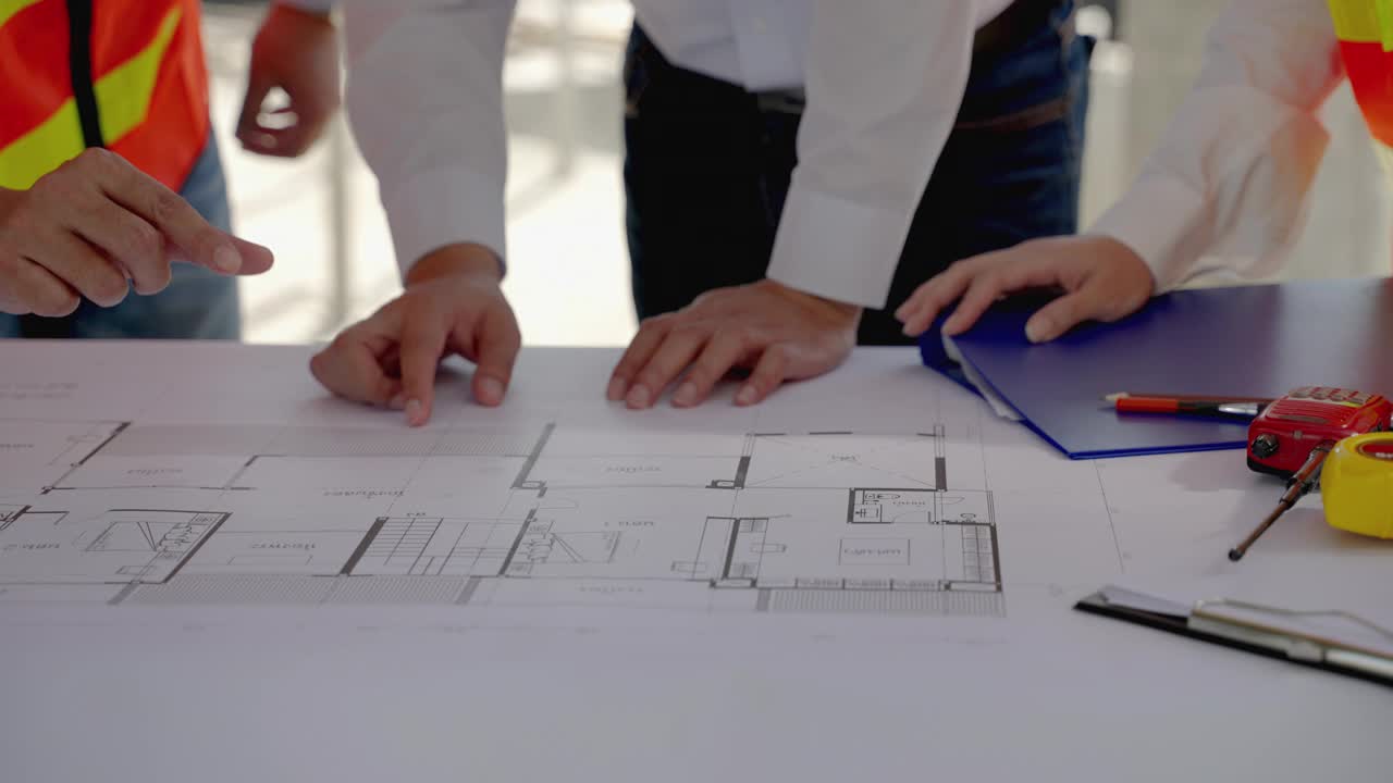 土木工程队与建筑师和工头一起观看蓝图，并在施工现场规划建筑的施工。视频素材