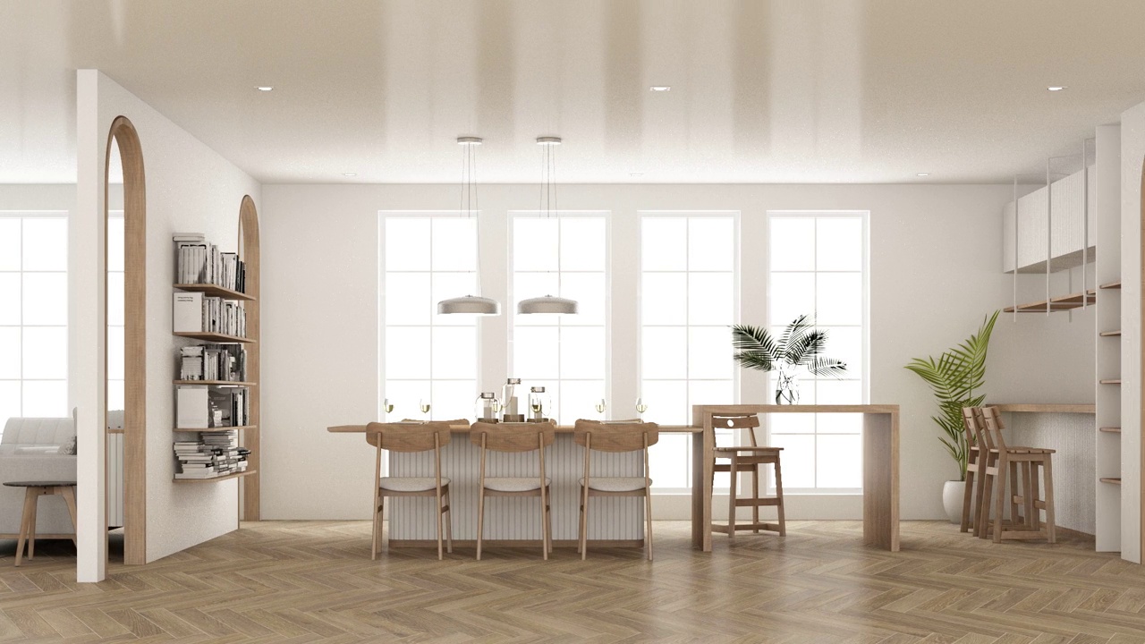 在客厅餐厅卧室建立复古极简主义风格的室内。在拼花地板和拱形走道上使用木质材料和浅灰色布料，使用大型Windows 3d渲染动画循环视频下载