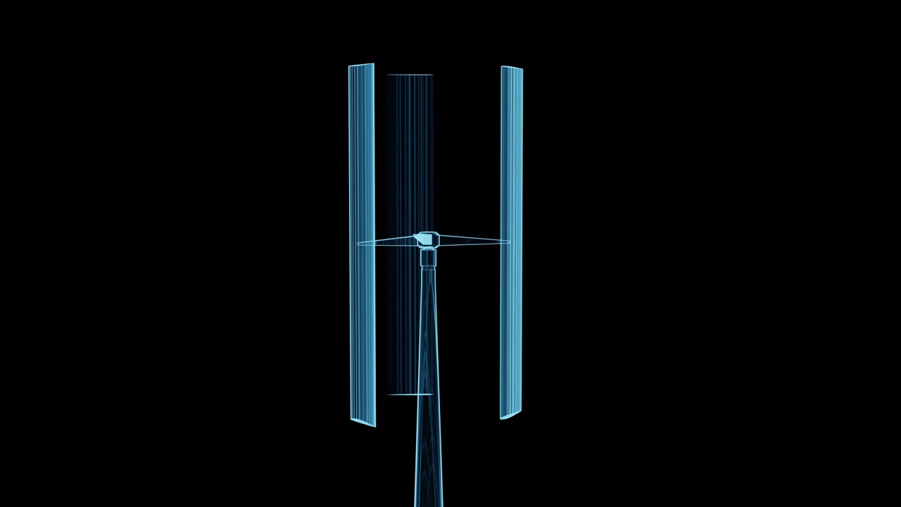 垂直风力发电机组的全息图样式在黑色背景上。清洁能源的概念。3 d动画4 k。视频下载