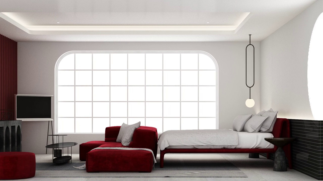 红色内饰艺术简约风格的起居餐厅卧室。在大理石瓷砖地板和拱形走道上使用红色材料和深灰色布料，使用大型Windows 3d渲染动画循环视频下载