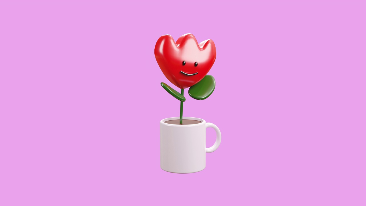 可爱的3d动画卡通咖啡杯心形花。情人节的概念。视频下载