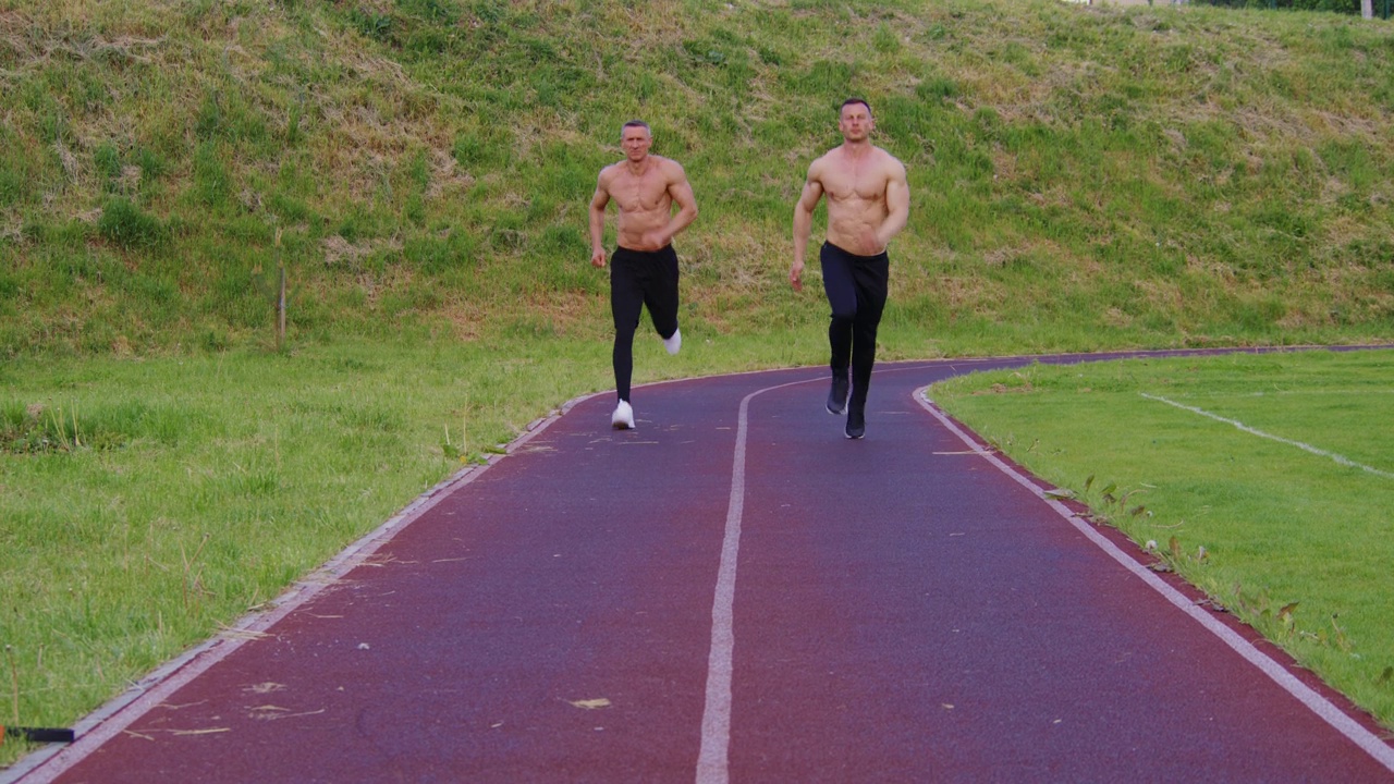 两个赤裸上身的男人一起在体育场跑步视频下载