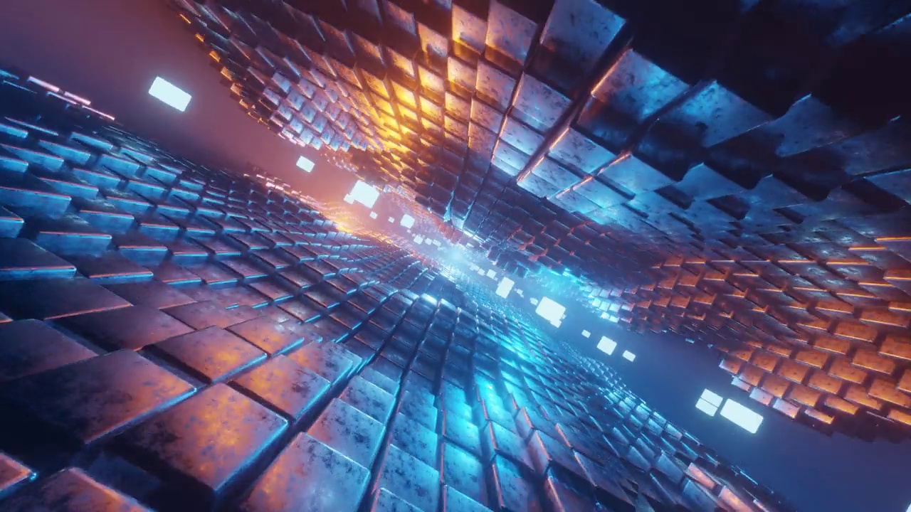 相机在带有移动立方体和霓虹灯的科幻走廊中飞行。游戏、技术、科学概念视频下载