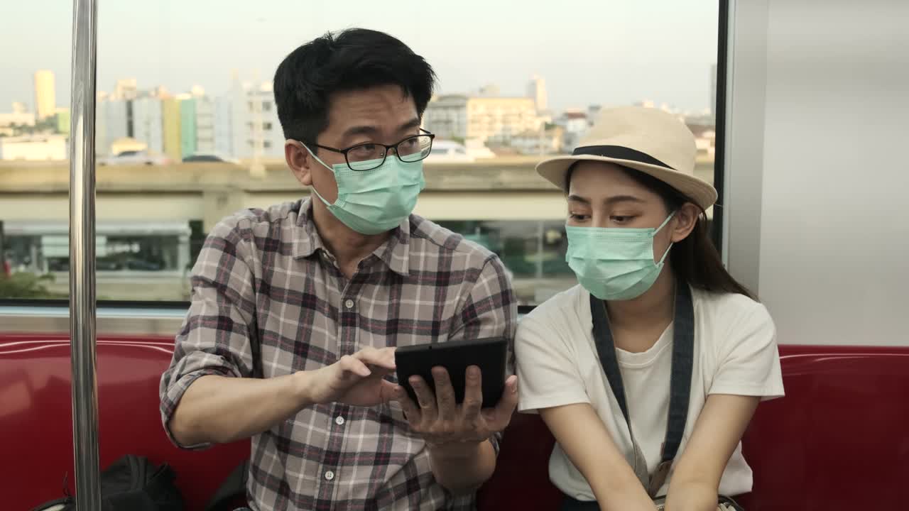 年轻的亚洲游客夫妇在火车车厢里用平板电脑搜索旅游地点。视频购买