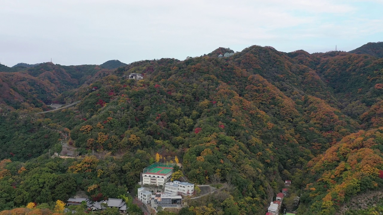 从空中俯瞰神户周围的山丘，现代日本城市的郊区，风景如画的秋天风景与彩色的树木-从上面俯瞰日本的景观全景，亚洲视频下载