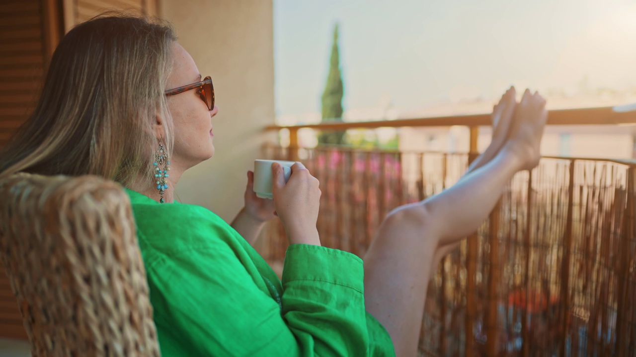 在阳台上喝的女人享受夏天。视频下载