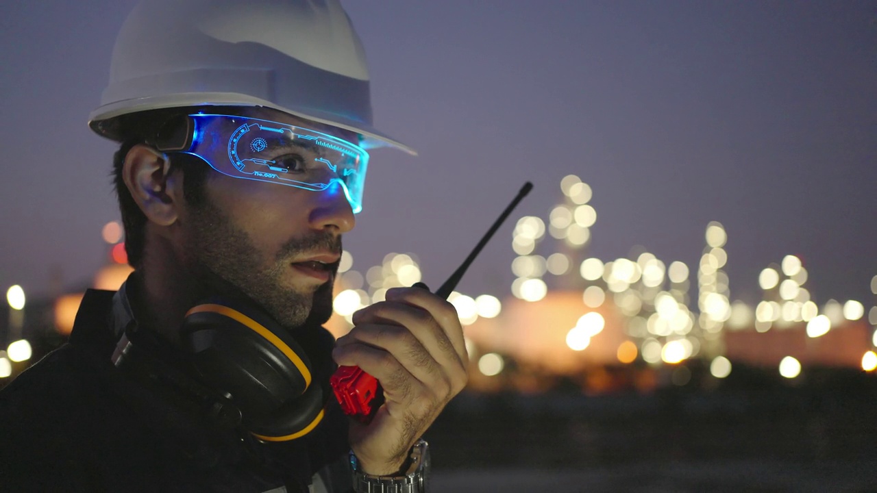 白种人或中东工程师戴着高科技人工智能眼镜或虚拟现实眼镜，使用对讲机检查炼油厂的状况。视频下载
