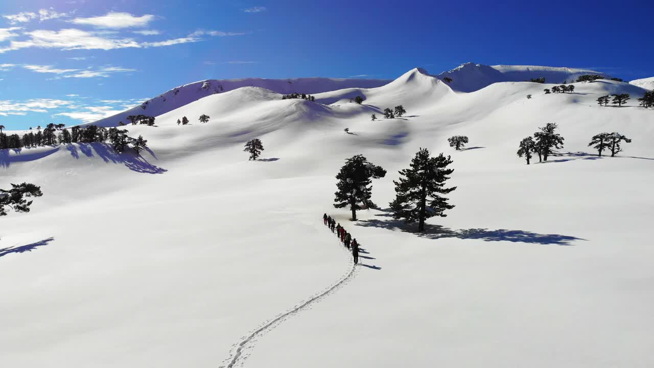 高空鸟瞰图，高山登山队在冬季在高海拔山峰上行走视频素材