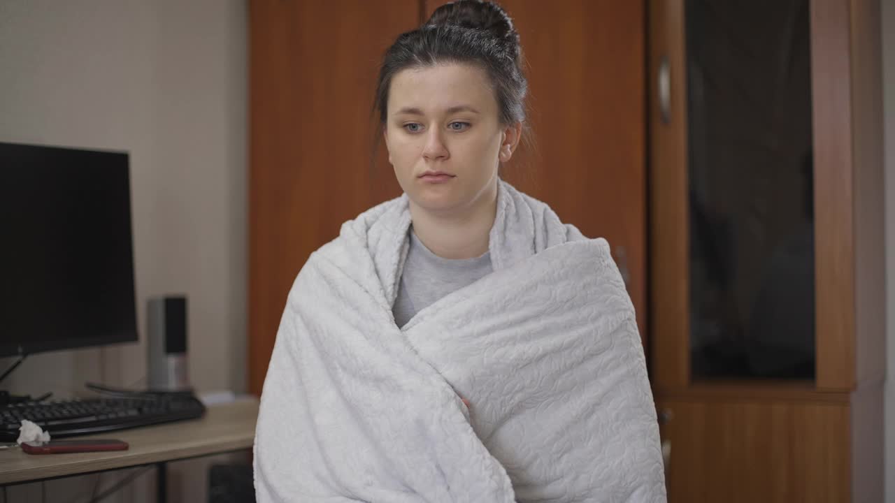 年轻的生病的女人裹着毯子在屋里发抖。白种人悲伤病人的肖像，发烧和冠状病毒疾病的症状。流行的概念视频素材