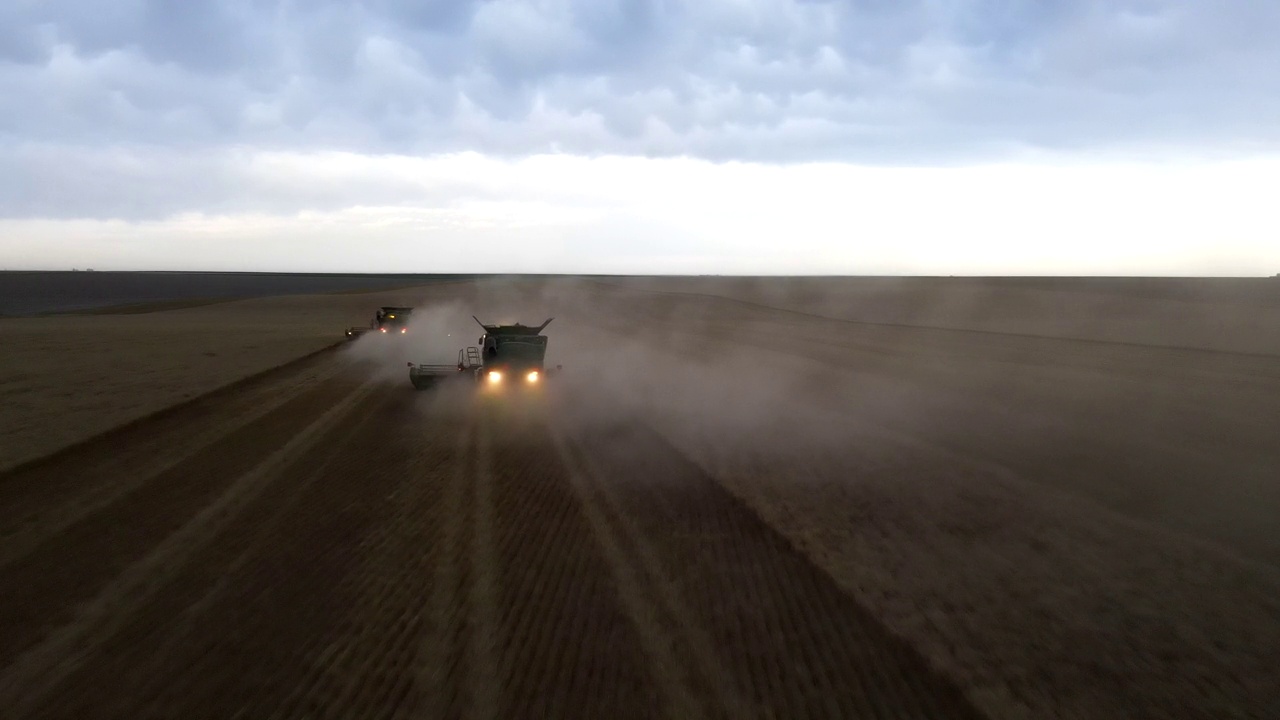 广角无人机拍摄的联合收割机在夏夜收割小麦视频素材