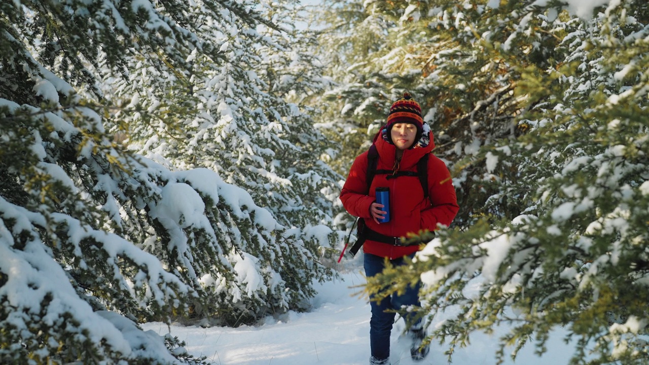 女性背包客在冬天的森林里的肖像视频素材