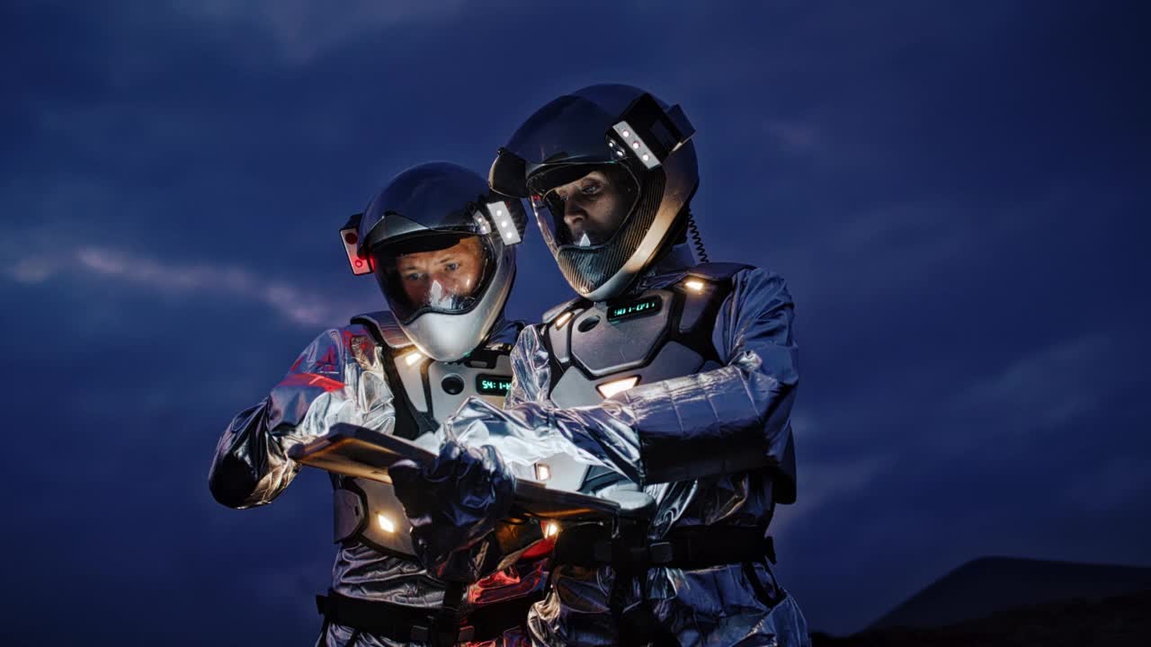 宇航员穿着未来主义服装，带着发光的平板电脑在新星球上寻找路线视频素材