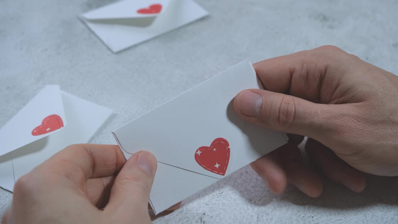 男人的手打开一个白色的信封，里面写着一颗心，抽出一张卡片，上面写着“我爱你”视频素材