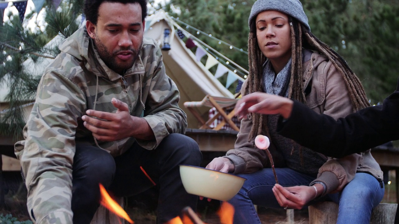 朋友们在篝火上烤棉花糖视频素材