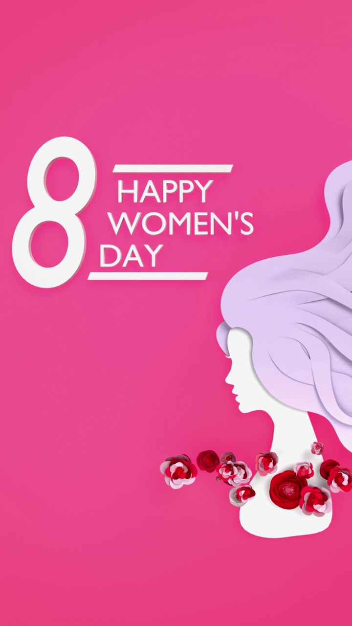 垂直循环数字8快乐的妇女节文本和妇女剪影庆祝3月8日国际妇女节4K分辨率视频购买