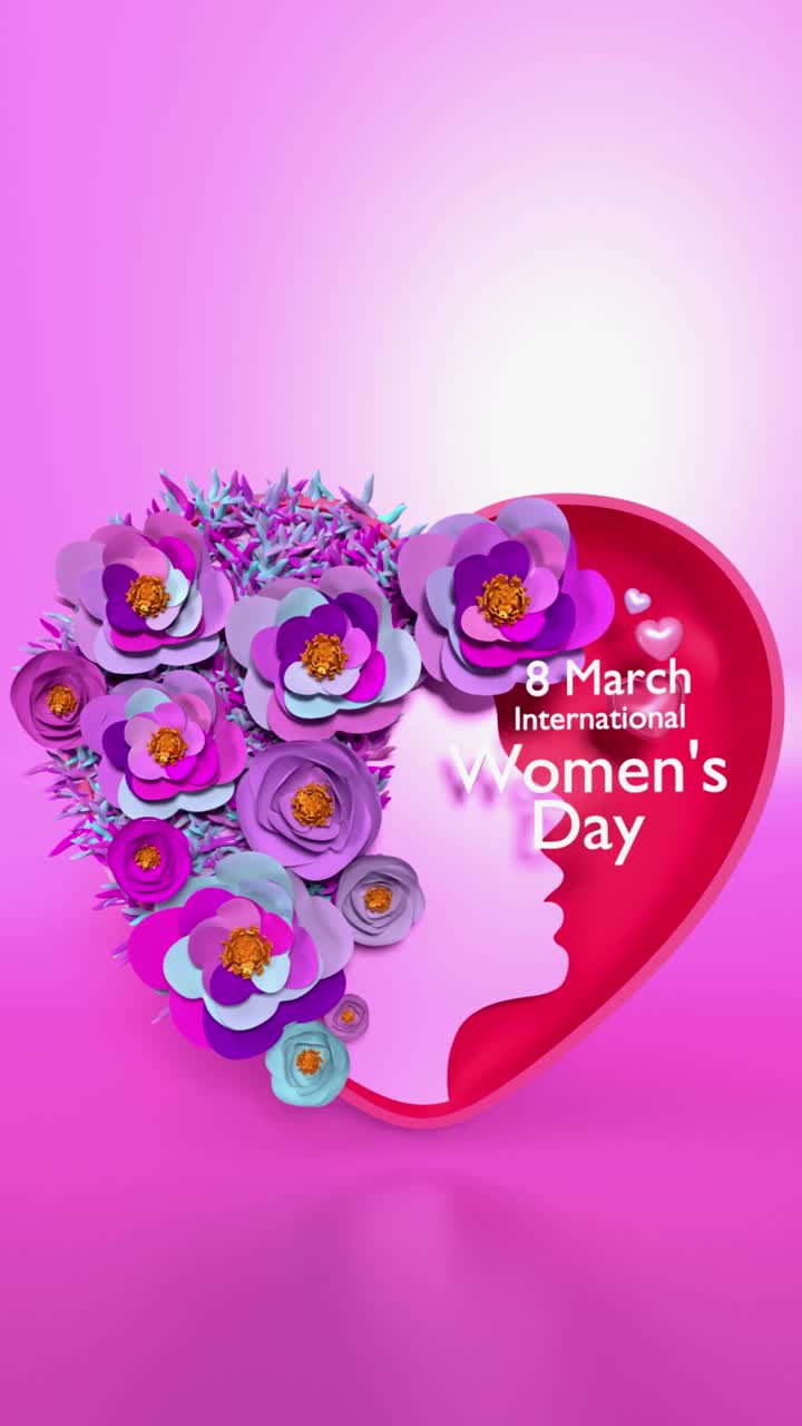 垂直女性剪影与花制作心形庆祝3月8日国际妇女节动画4K分辨率视频素材