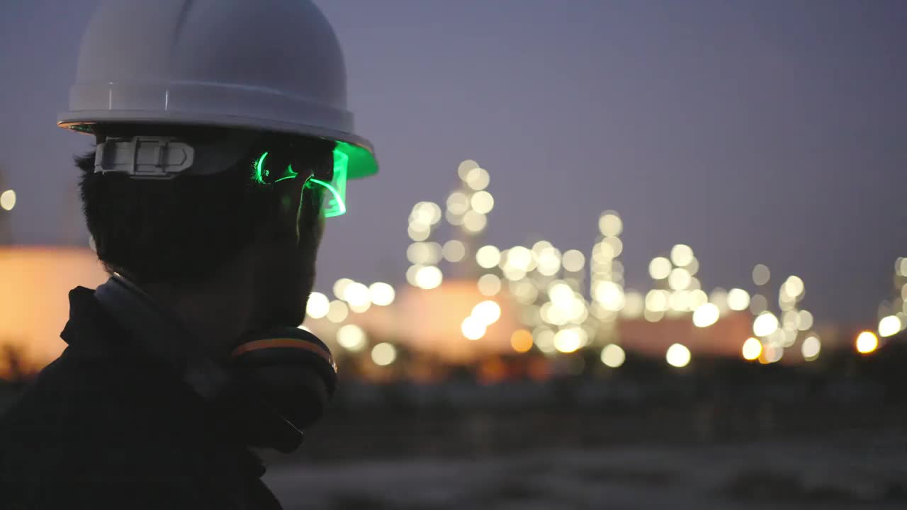 白种人或中东工程师夜间在炼油厂检查和工作讨论。视频下载