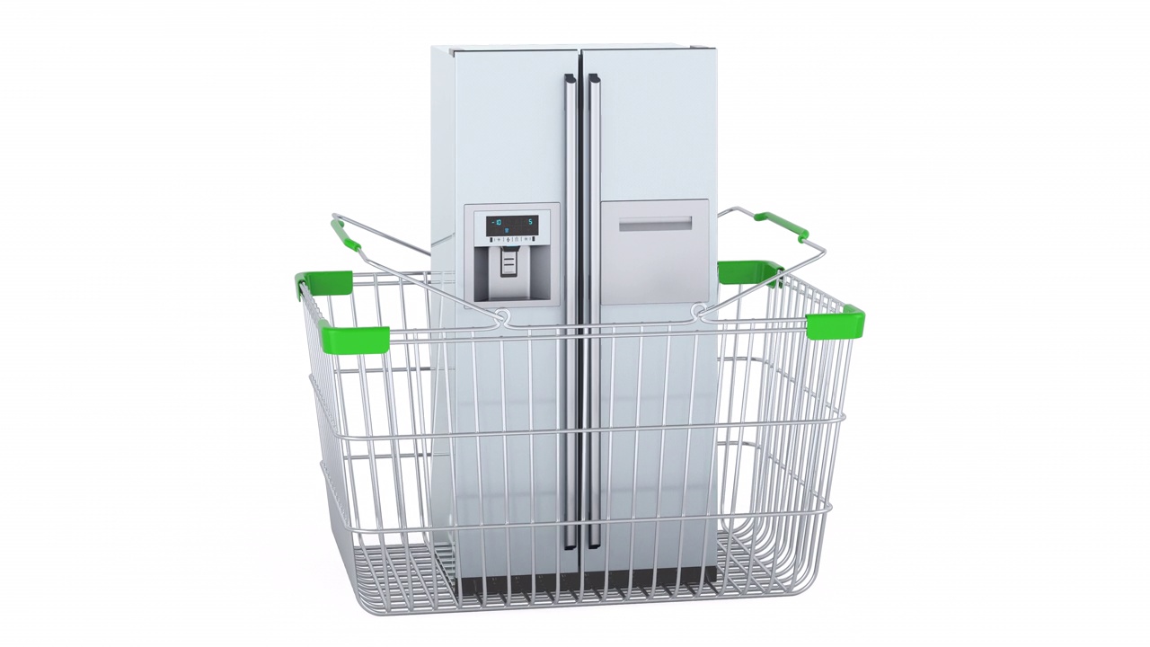 双门冰箱，冰箱与并排门系统增加购物篮，3d动画。三维渲染视频下载