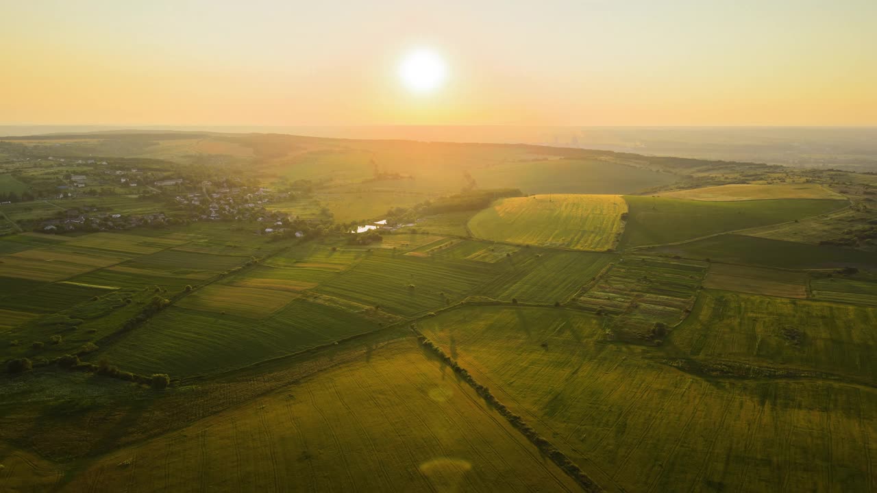 在明亮的夏夜，鸟瞰绿色耕种的农田和远处村庄的房屋视频下载