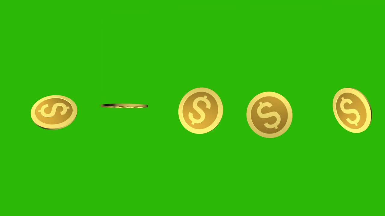 旋转的3D金币动画。绿色屏幕上旋转的美元硬币。美国货币。全球支付系统。事业成功的概念，财富。数字货币兑换。Alpha通道,4 k视频素材