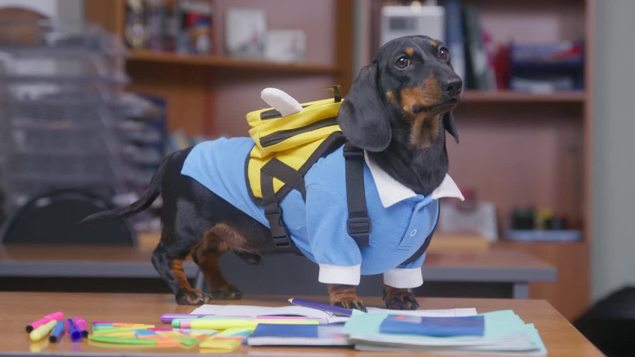在教室里，一只毛茸茸的腊肠犬背着书包，穿着西装，站在木制的桌子上大声吠叫视频素材