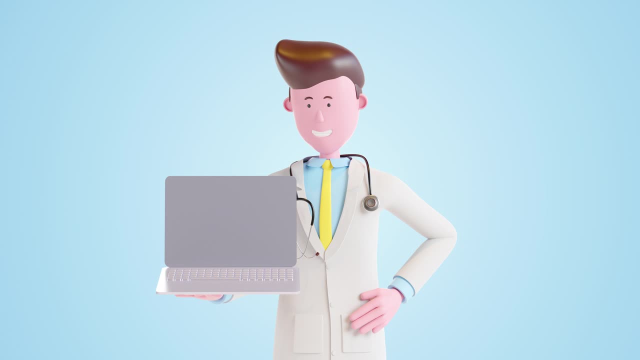 3d动画男人男性医生站在办公室的肖像，在蓝色的背景下拿着笔记本电脑。Alpha通道亮度哑光。3 d渲染4 k。视频素材