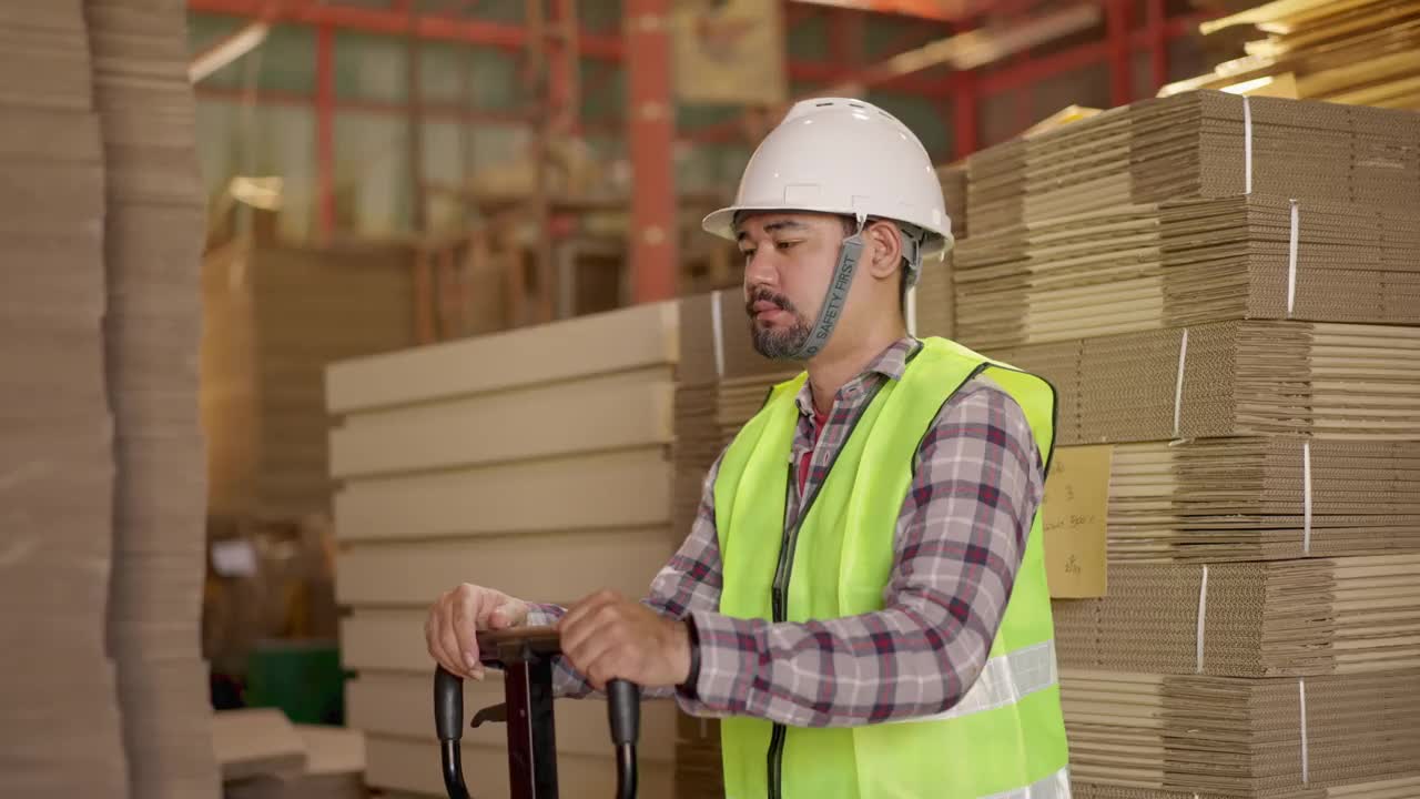 侧视图:在造纸厂，亚洲男士纸包装制造工人穿着安全背心和头盔，使用手动液压叉车移动纸板堆视频素材