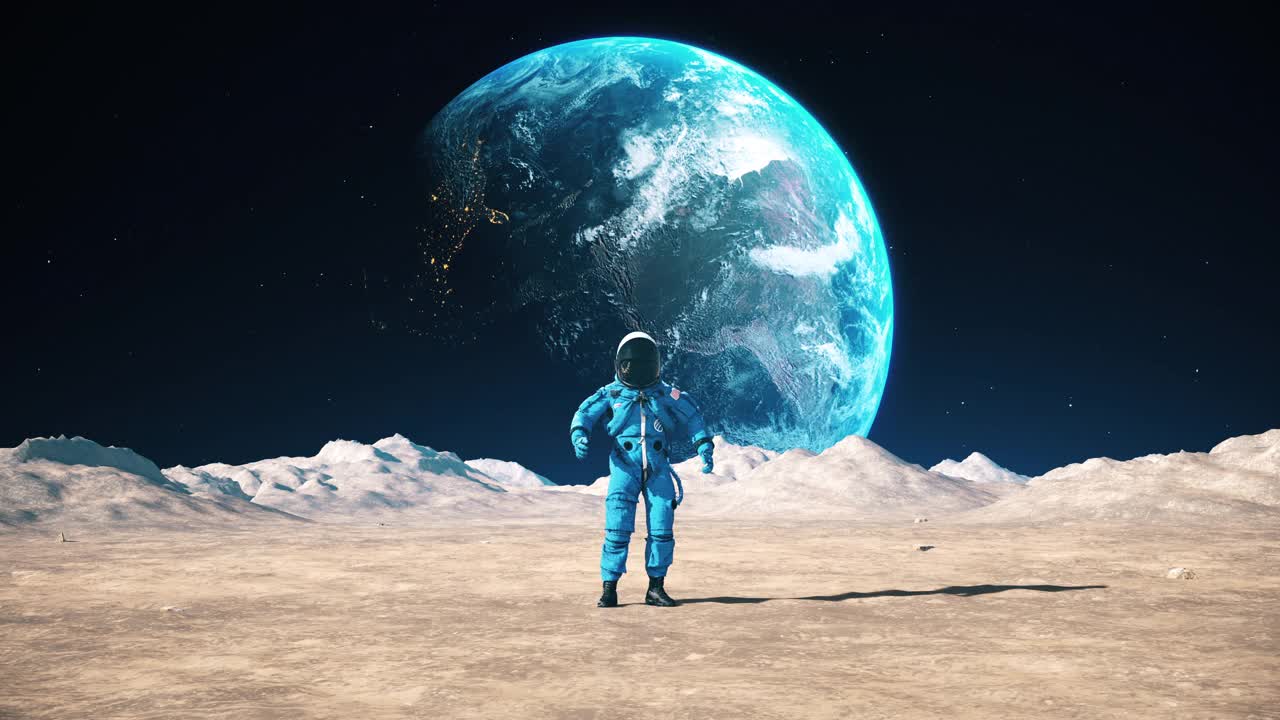 疯狂的宇航员在月球表面跳舞。庆祝他的成功。缓慢的运动。视频下载