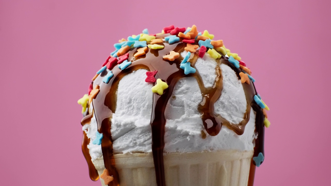 旋转香草冰淇淋甜筒与焦糖酱粉红色背景视频素材