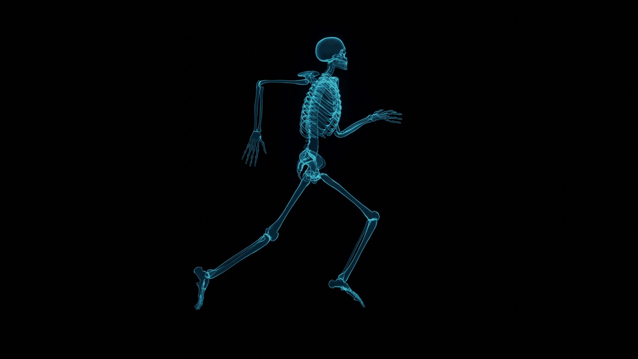 在黑色背景下快速奔跑的骨骼，在x光模式下奔跑的人体骨骼视频下载