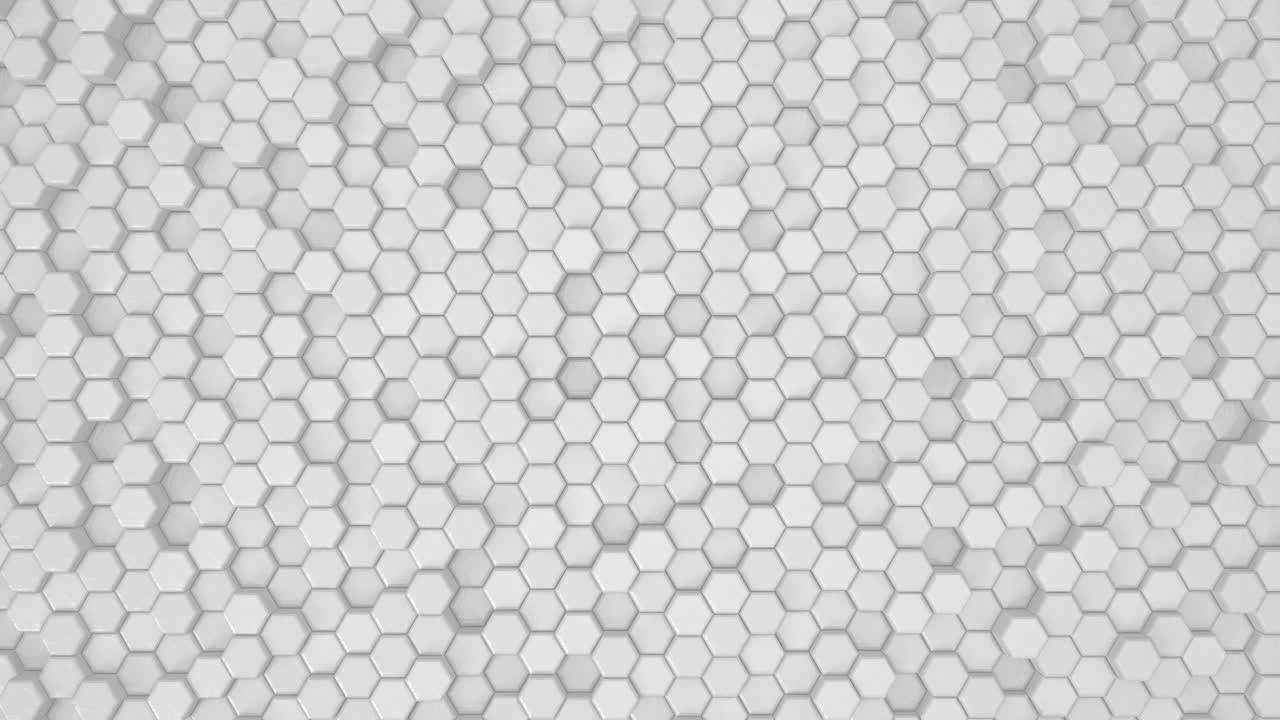 摘要:六边形几何表面环1A:明亮干净的最小六边形网格图案，随机波动运动的背景画布在纯墙建筑白色。无缝循环4K超高清FullHD视频素材